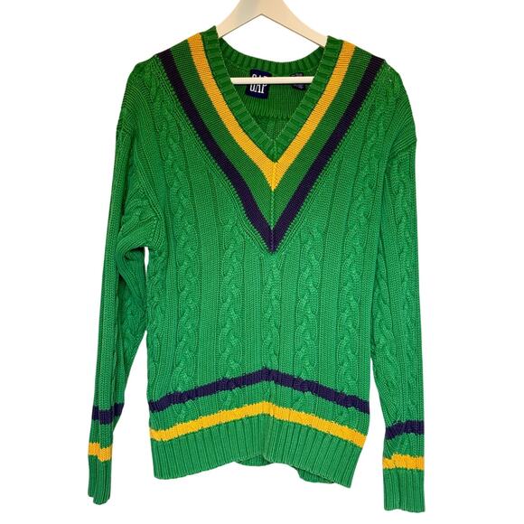 VTG Gap V-neck Cable Knit Sweater Size M Kelly Green Varsity Y2K 90's - Picture 1 of 5